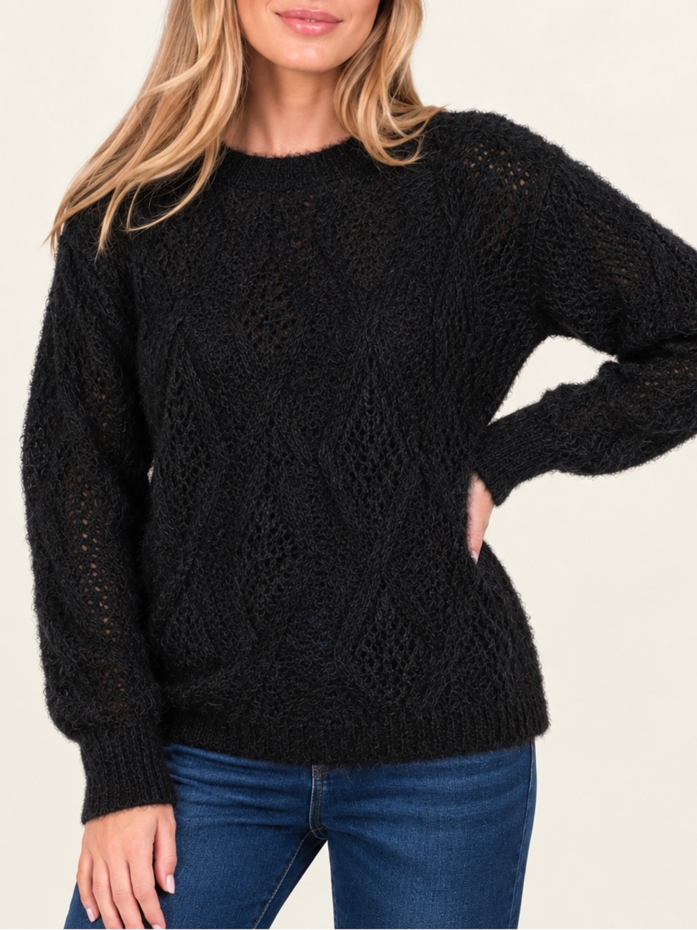 PinkBlush Maternity Black Fuzzy Open Knit Tie Back Sweater Top Pregnancy S/M